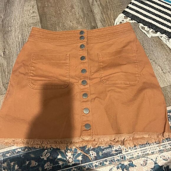 Madewell High Waist Snap Button Skirt Tan Denim Raw Hem Pockets Mini Pencil - Picture 14 of 15
